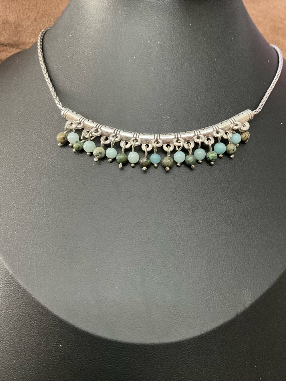 BRIGHTON 'Figaro' Necklace Blue Multi Bead Silver Plated Wheat Chain 18" 3159